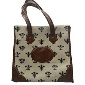 VTG  White Brown Fleur De Lis Faux Leather Tote Bag Preppy Equestrian Purse